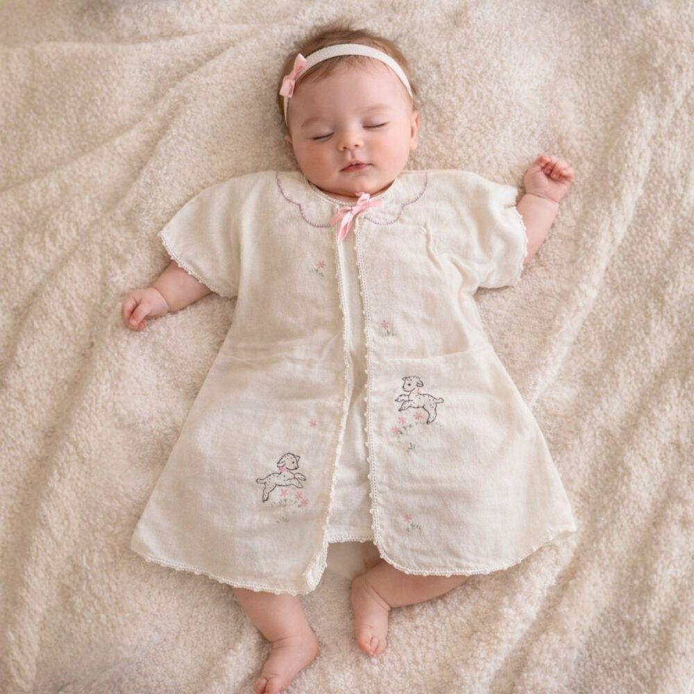 Vintage Embroidered Baby Robe Flannel Bed Jacket Lamb Floral Design Handmade